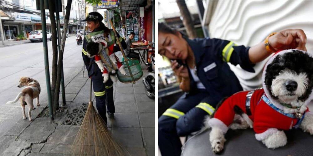 esta-mujer-llama-la-atencion-por-trabajar-limpiando-las-calles-con-su-perrito-en-su-espalda-thitirat-y-mazda-tailandia-movidatuy.com