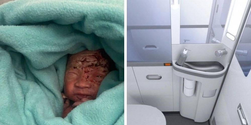 😮 Arrojan a un bebé recién nacido en el basurero del baño de un avión 😮
