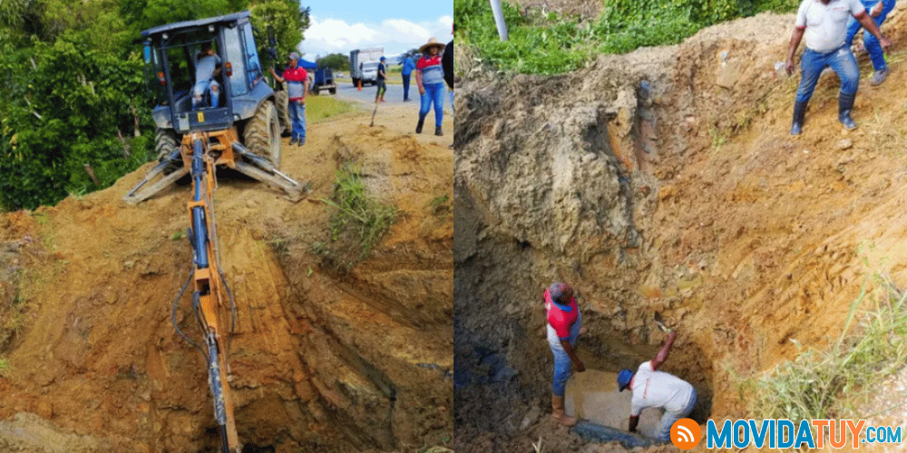 Trabajadores reparando tubería de 100 pulgadas del sistema Tuy III en Charallave, Miranda